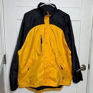 Coleman Mens Large L Yellow Black Windbreaker Rain Jacket Hooded Outdoor Coat